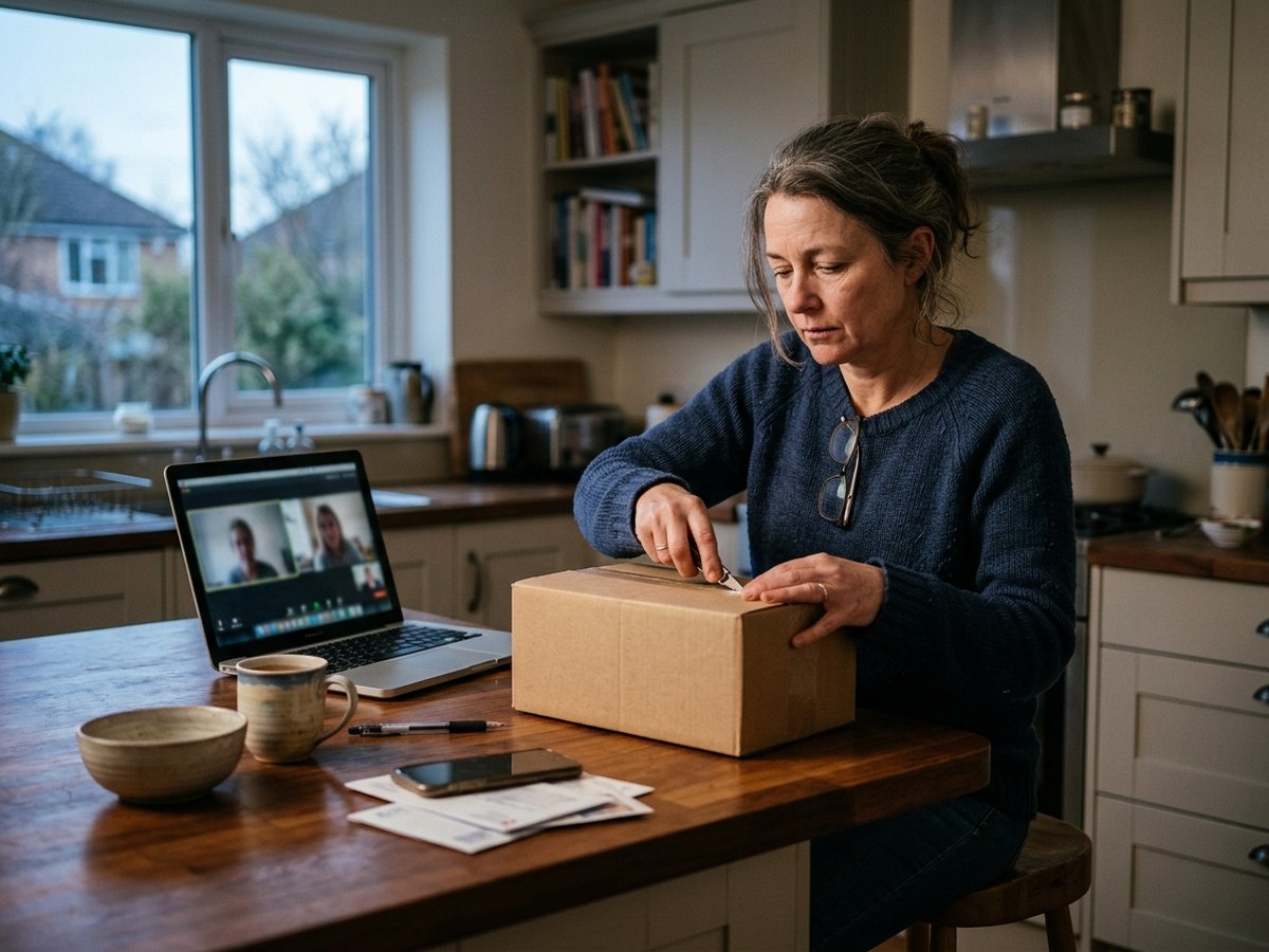 A woman opening a mail order box at her kitchen table